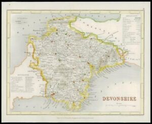 c1845 - Original Antique Colour Map of DEVONSHIRE by Dugdale (DLM10)