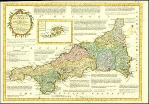 1777 Antique Map of CORNWALL by Emanual Bowen Divided into Hundreds (BCM6)