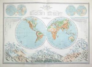 1883 - Large Original Antique Colour WORLD MAP Celestial Globe (PHA)