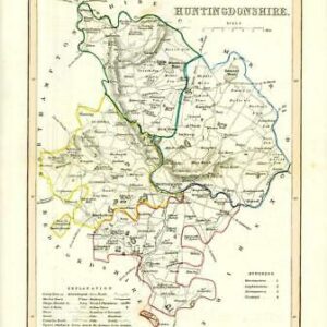 1860 Joshua Archer map of HUNTINGDONSHIRE England with outline colour (AM3/30)