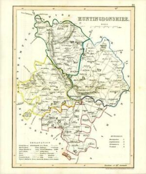 1860 Joshua Archer map of HUNTINGDONSHIRE England with outline colour (AM3/30)