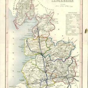 1860 Joshua Archer map of LANCASHIRE England with outline colour (AM3/33)