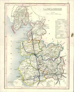 1860 Joshua Archer map of LANCASHIRE England with outline colour (AM3/33)