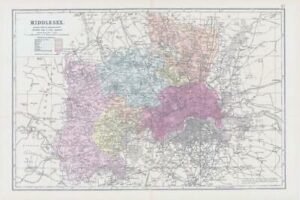 1883 Large Map of MIDDLESEX Ordnance Survey by Bacon (BO25)