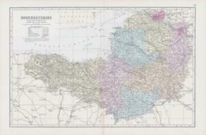 1883 Large Map of SOMERSETSHIRE Ordnance Survey by Bacon (BO35)
