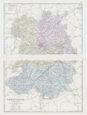 1883 Large Map SHROPSHIRE Set of 2 Maps Ordnance Survey by Bacon (BO33/34)