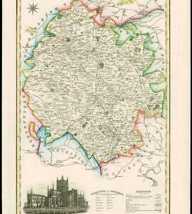 1846 - Original Antique Map of HEREFORDSHIRE by Slater HEREFORD CATHEDRAL