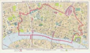 c1948 BACON'S Large Scale Plan of the CITY OF LONDON Folding Map BLITZED London