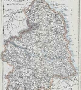 1863 Large original Antique Map NORTHUMBERLAND by Edward Weller (DA101)