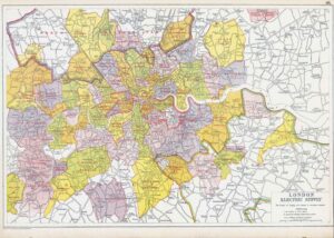 1912 Map of LONDON ELECTRIC SUPPLY Middlesex Essex Surrey Bacon (BLS-12)