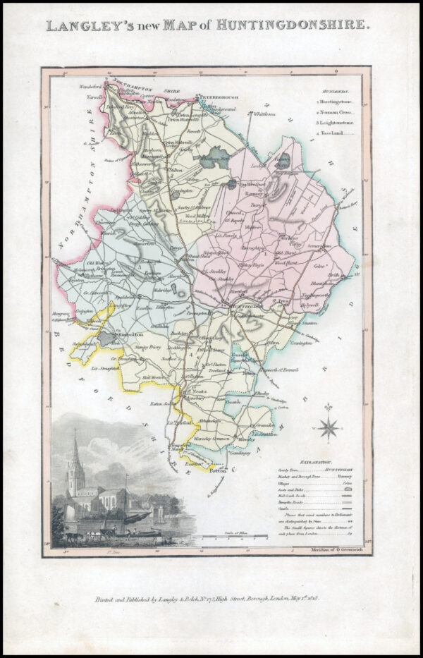 1817 Original Antique LANGLEY'S NEW MAP OF HUNTINGDONSHIRE St Ives (LNM13)