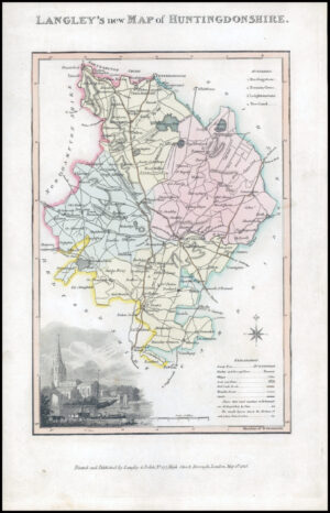 1817 Original Antique LANGLEY'S NEW MAP OF HUNTINGDONSHIRE St Ives (LNM13)