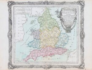 1786 L'ANGLETERRE DIVISEE EN 5 GRANDES PARTES Map of England by Brion (LM24)