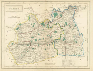 c1820 - Original Antique Map SURREY Chapman Hall outline hand colour (CP9-M)