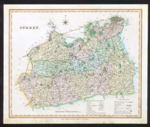 1831 - SURREY Original Antique LARGE COLOURED Map by HENRY TEESDALE