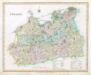 1831 - SURREY Original Antique LARGE COLOURED Map by HENRY TEESDALE