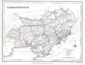 1840 Original Antique Map of CARMARTHENSHIRE Wales by Lewis (LSM47)