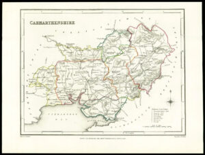 1845 Antique colour map of "CARMARTHENSHIRE" Wales by LEWIS (W/DW74)