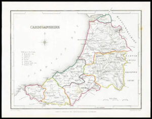 1845 Antique colour map of "CARDIGANSHIRE" Wales by LEWIS (W/DW79)