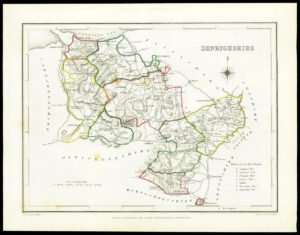 1845 Antique colour map of "DENBIGHSHIRE" Wales by LEWIS (W/DW51)