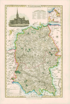 1846 - Original Antique Map of WILTSHIRE by Slater SALISBURY CATHEDRAL Colour