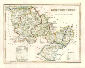 1860 Joshua Archer map of DENBIGHSHIRE Wales with outline colour (AM3/6)