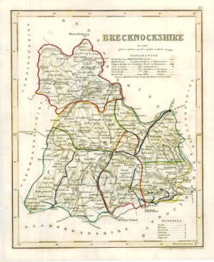 1860 Joshua Archer map of BRECKNOCKSHIRE Wales with outline colour (AM3/2)