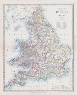 c1860 Antique Map PHYSICAL MAP OF ENGLAND AND WALES Pembroke Surrey Devon (MA/4)