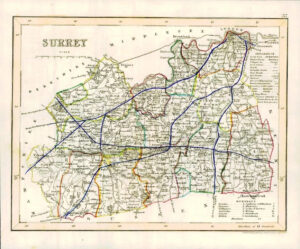 1860 Joshua Archer map of SURREY England with original outline colour (AM3/46)