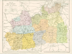 c1880 Original Antique Map of SURREY Showing the Hundreds by Virtue & Co