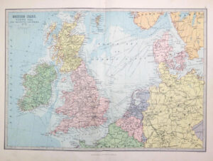 1883 Large Original Antique Colour Map of BRITISH ISLES & North Sea (PHA)