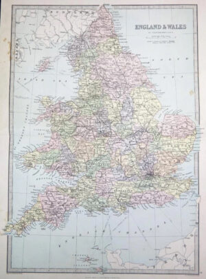 1883 Large Original Antique Colour Map of ENGLAND & WALES  (PHA)