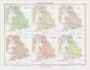 c1885 Large Map ENGLAND WALES AVERAGE TEMPERATURE May July Bartholomew (RA14)