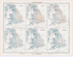 c1885 Large Map ENGLAND WALES AVERAGE RAINFALL April May June Bartholomew (RA15)