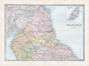 1912 Antique Map ENGLAND AND WALES MAPS Isle of Man (BWM4-11)