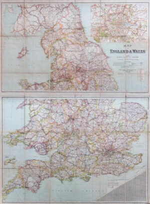 c1920 MAP OF ENGLAND & WALES Railways Roads Pair of Folding Maps Bacon  (FM2)