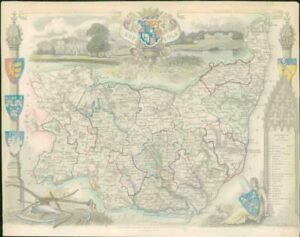 1837 ORIGINAL ANTIQUE Decorative MAP - SUFFOLK by Thomas Moule Colour