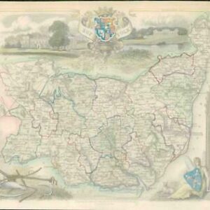 1837 ORIGINAL ANTIQUE Decorative MAP - SUFFOLK by Thomas Moule Colour