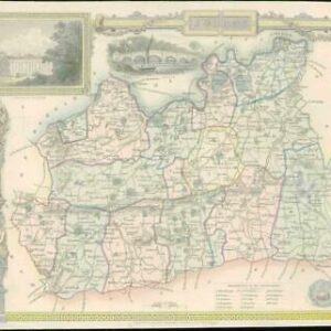 1837 ORIGINAL ANTIQUE Decorative MAP - SURREY by Thomas Moule Hand Colour