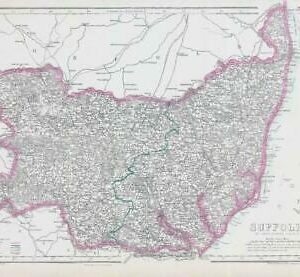 1863 Large Antique Map SUFFOLK by Edward Weller (DA106)