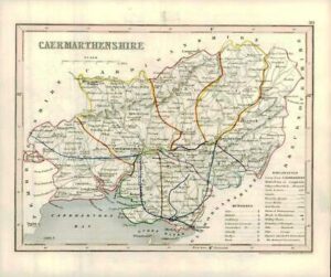1860 Joshua Archer map of CAERMARTHENSHIRE Wales with outline colour (AM3/3)