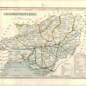 1860 Joshua Archer map of CAERMARTHENSHIRE Wales with outline colour (AM3/3)