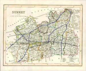 1860 Joshua Archer map of SURREY England with original outline colour (AM3/46)