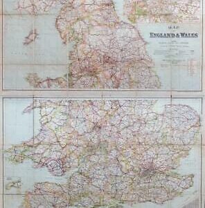 c1920 MAP OF ENGLAND & WALES Railways Roads Pair of Folding Maps Bacon  (FM2)