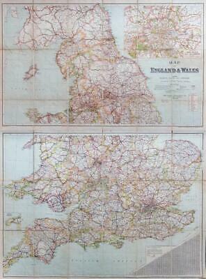 c1920 MAP OF ENGLAND & WALES Railways Roads Pair of Folding Maps Bacon  (FM2)