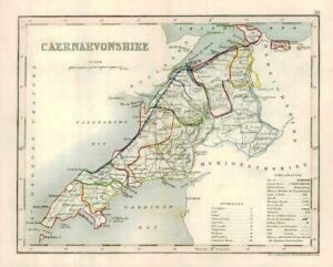 1860 Joshua Archer map of CAERNARVONSHIRE Wales with outline colour (AM3/4)