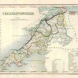 1860 Joshua Archer map of CAERNARVONSHIRE Wales with outline colour (AM3/4)