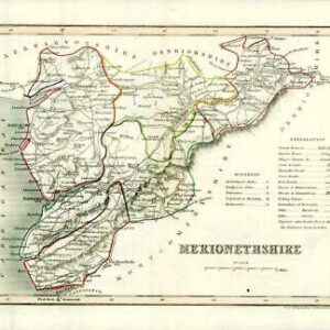 1860 Joshua Archer map of MERIONETHSHIRE Wales with outline colour (AM3/9)