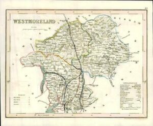 1860 Joshua Archer map of WESTMORELAND England with outline colour (AM3/49)