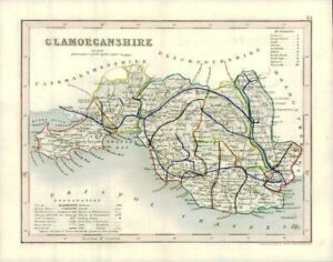 1860 Joshua Archer map of GLAMORGANSHIRE Wales with outline colour (AM3/8)